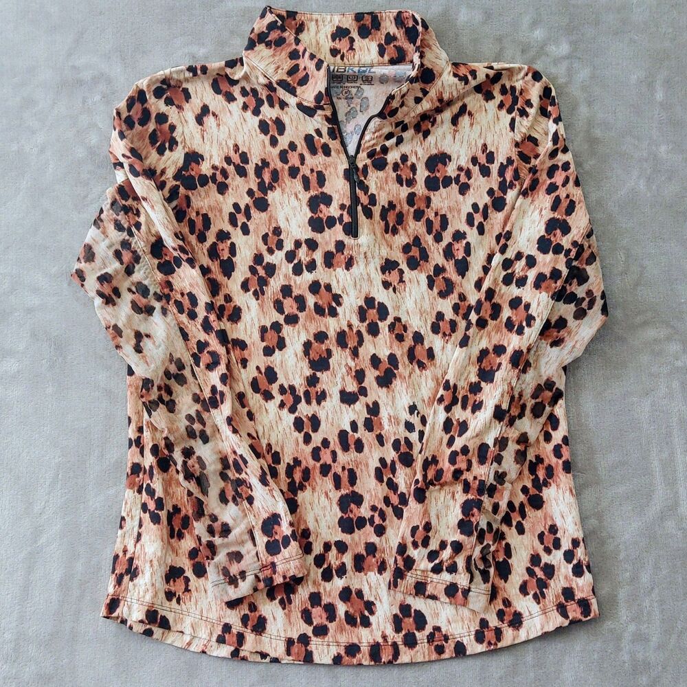 IBKUL Leopard Print 1/4 Zip Polo Pullover Women's Small Mesh Long Sleeves Golf